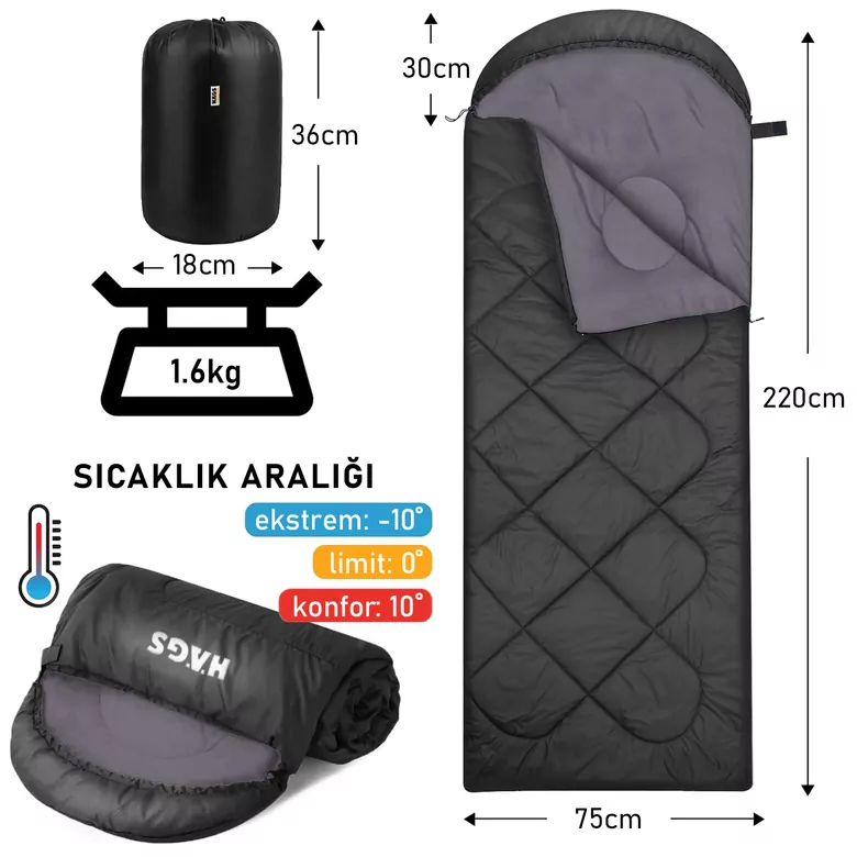 Haegs Uyku Tulumu, Polar, Battaniye, Kamp Uyku Tulumu, Outdoor Dış Mekan, 3 - 4 Mevsim, Yazlık Uyku Tulumu - Kış Uyku Tulumu, Ultra Hafif, Sıcak ve Kompakt - Polar -Siyah
