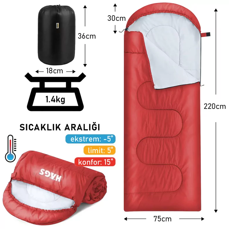 Haegs Uyku Tulumu, Battaniye, Kamp Uyku Tulumu, Outdoor Dış Mekan Çadır Karavan, 3 - 4 Mevsim, Yazlık Uyku Tulumu - Kış Uyku Tulumu, Ultra Hafif, Sıcak ve Kompakt - Kırmızı