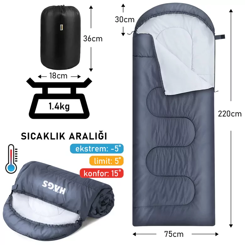 Haegs Uyku Tulumu, Battaniye, Kamp Uyku Tulumu, Outdoor Dış Mekan Çadır Karavan, 3 - 4 Mevsim, Yazlık Uyku Tulumu - Kış Uyku Tulumu, Ultra Hafif, Sıcak ve Kompakt - Antrasit