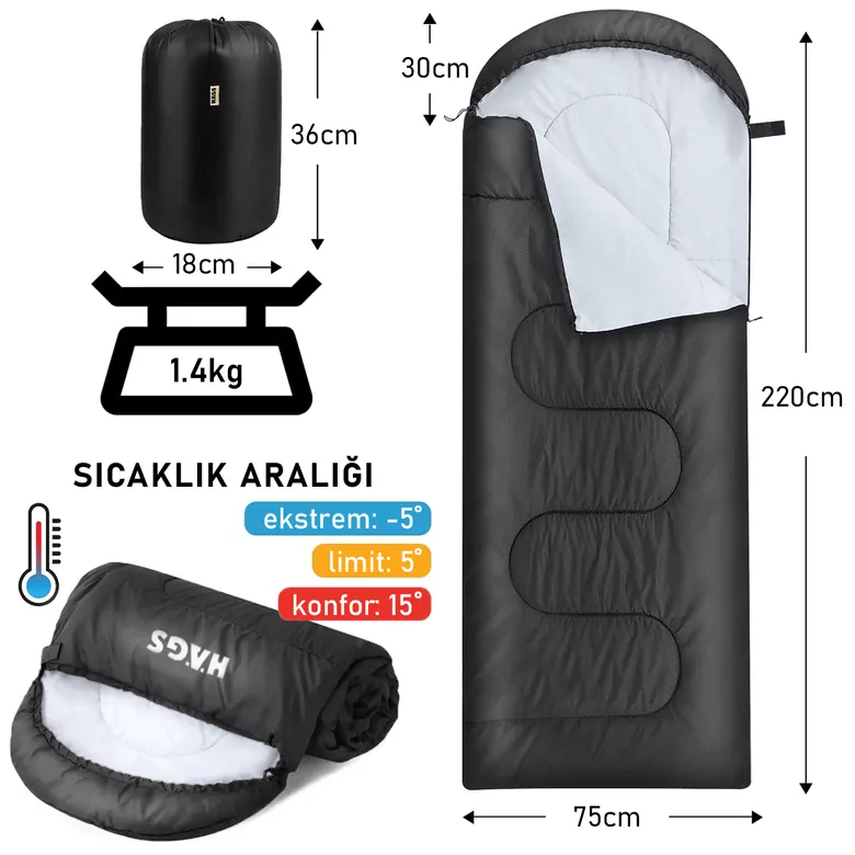 Haegs Uyku Tulumu, Battaniye, Kamp Uyku Tulumu, Outdoor Dış Mekan Çadır Karavan, 3 - 4 Mevsim, Yazlık Uyku Tulumu - Kış Uyku Tulumu, Ultra Hafif, Sıcak ve Kompakt - Siyah