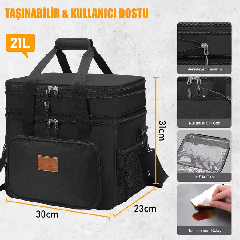 HAEGS Körüklü Termal Termos Çanta, Çift Bölmeli, Genişleyebilen Soğuk Sıcak Tutucu Yalıtımlı Beslenme Çantası, Soğutucu Buzluk Yemek Taşıma Çantası 21L - Gri