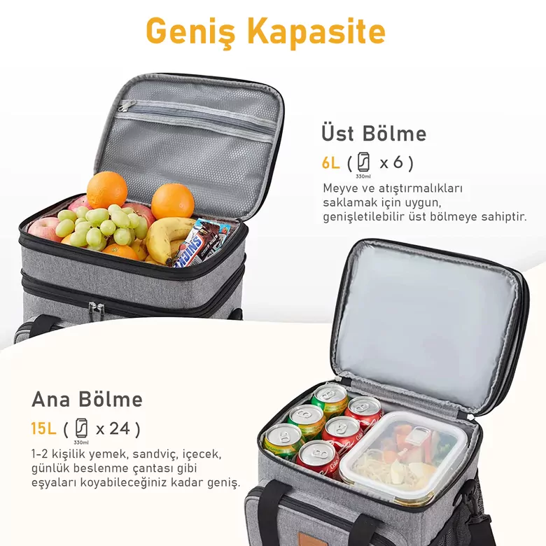 HAEGS Körüklü Termal Termos Çanta, Çift Bölmeli, Genişleyebilen Soğuk Sıcak Tutucu Yalıtımlı Beslenme Çantası, Soğutucu Buzluk Yemek Taşıma Çantası 21L - Gri