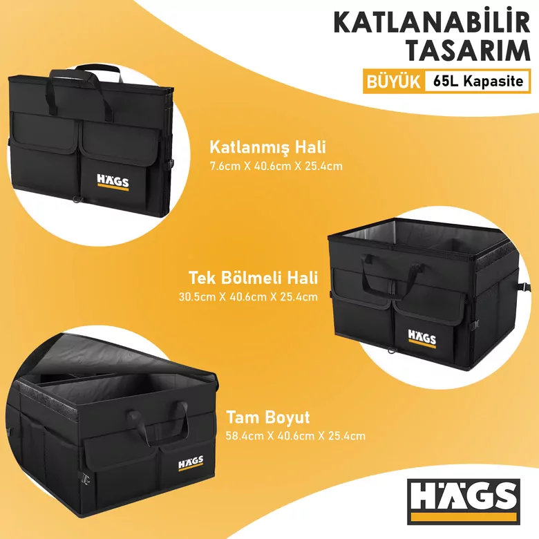 Haegs Araba Bagaj Çantası, Araç içi Düzenleyici Organizer, Katlanabilir Oto Bagaj Düzenleyici, Oto Aksesuarları, Sağlam Araba Alet Eşya Düzenleyici - 65 Lt- Siyah