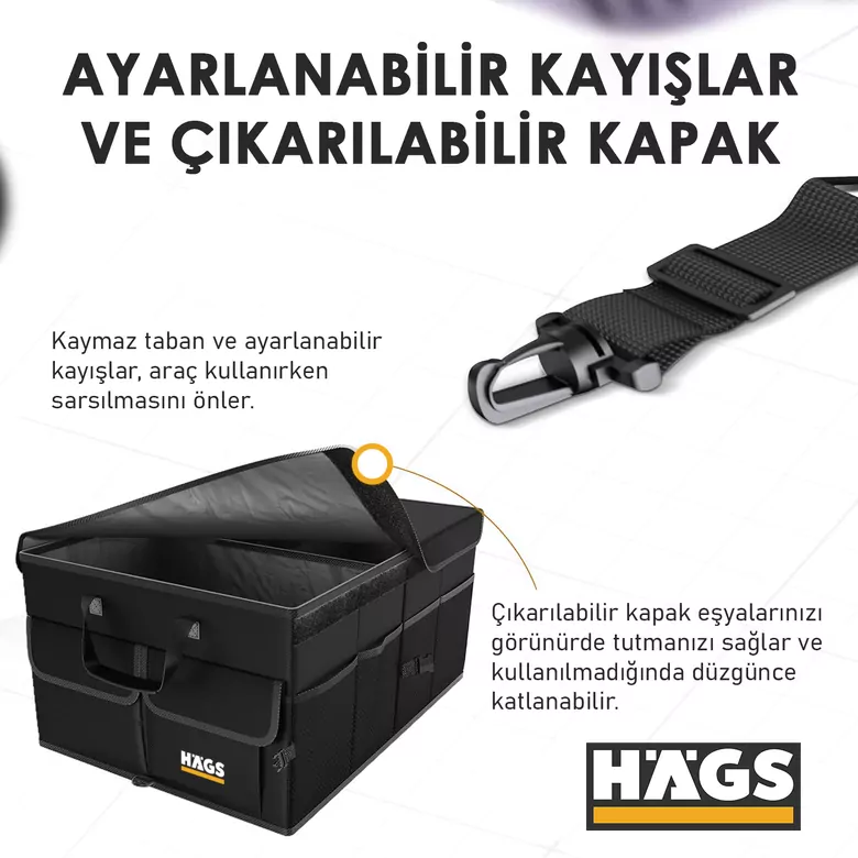 Haegs Araba Bagaj Çantası, Araç içi Düzenleyici Organizer, Katlanabilir Oto Bagaj Düzenleyici, Oto Aksesuarları, Sağlam Araba Alet Eşya Düzenleyici - 65 Lt- Siyah