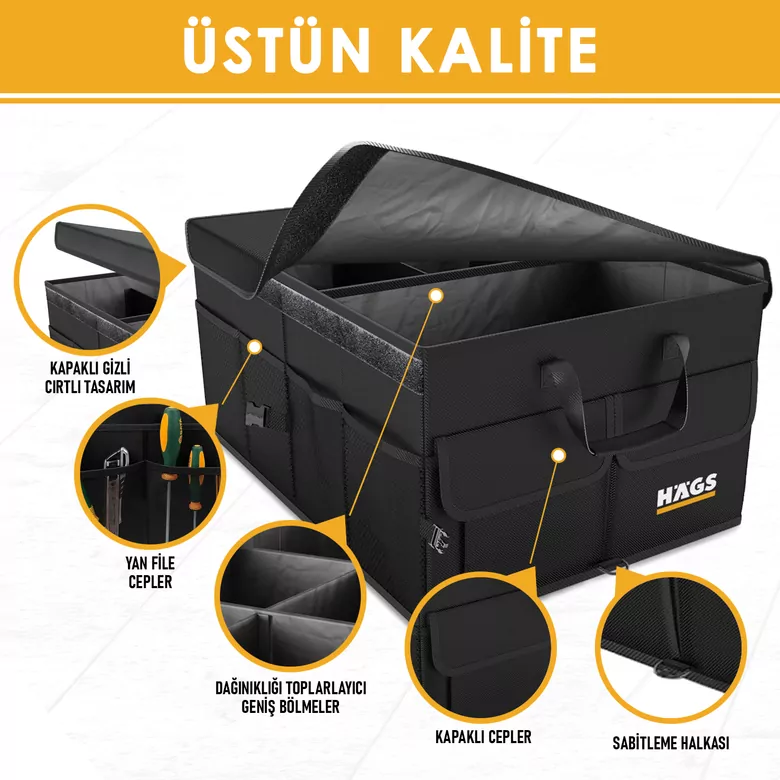 Haegs Araba Bagaj Çantası, Araç içi Düzenleyici Organizer, Katlanabilir Oto Bagaj Düzenleyici, Oto Aksesuarları, Sağlam Araba Alet Eşya Düzenleyici - 50 Lt- Siyah