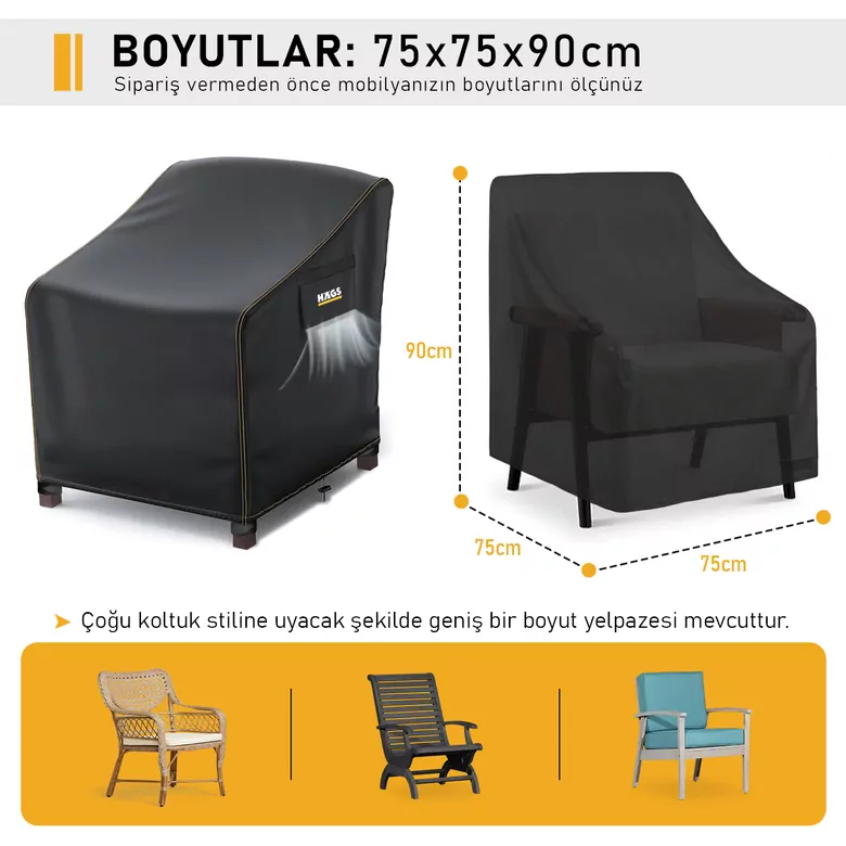 Haegs Tek Kişilik Bahçe Koltuk Örtüsü, Koruma Kılıfı, Su Geçirmez Açık Hava Bahçe Mobilya Kılıfları, Dış Mekan Sandalye Kılıfı Örtü Branda, Ağır Hizmet Tipi, 75-75-90cm - Siyah