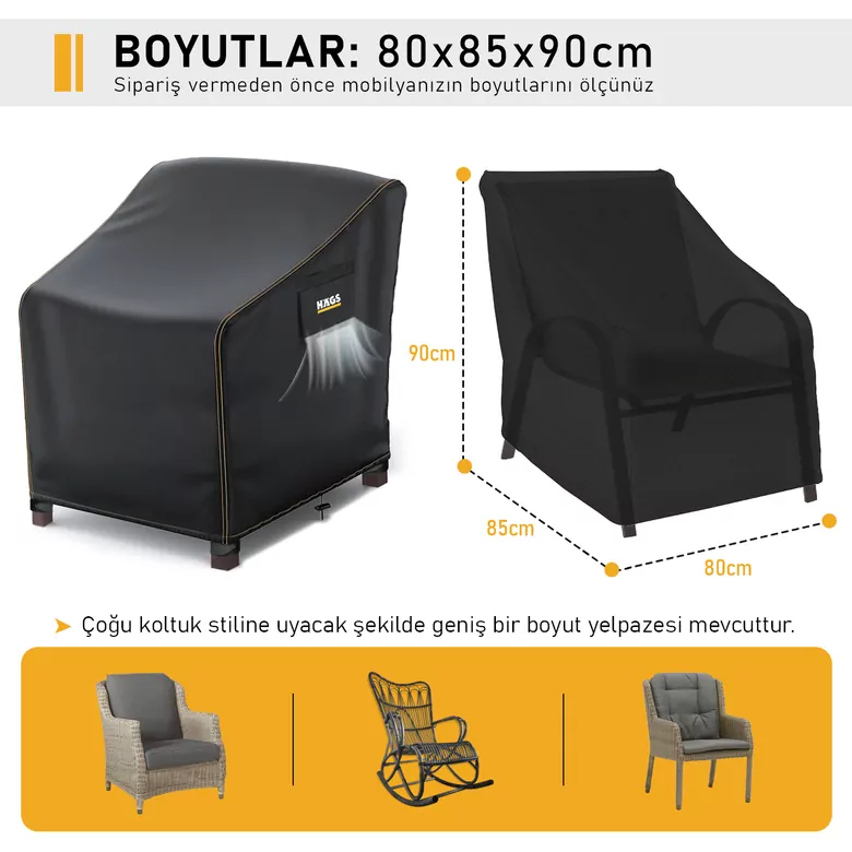 Haegs Tek Kişilik Bahçe Koltuk Örtüsü, Koruma Kılıfı, Su Geçirmez Açık Hava Bahçe Mobilya Kılıfları, Dış Mekan Sandalye Kılıfı Örtü Branda, Ağır Hizmet Tipi, 80-85-90cm - Siyah
