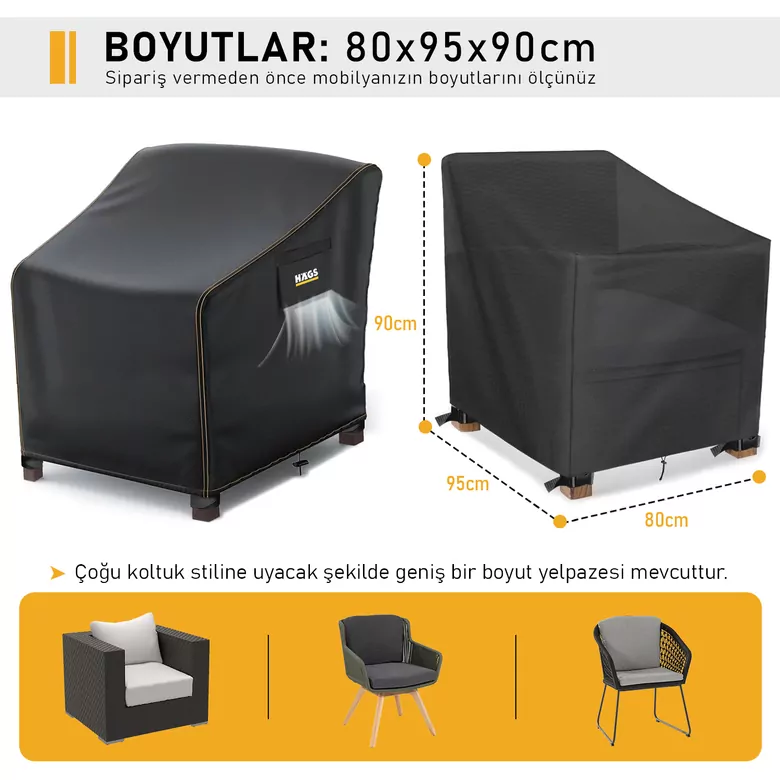 Haegs Tek Kişilik Bahçe Koltuk Örtüsü, Koruma Kılıfı, Su Geçirmez Açık Hava Bahçe Mobilya Kılıfları, Dış Mekan Sandalye Kılıfı Örtü Branda, Ağır Hizmet Tipi, 80-95-90cm - Siyah