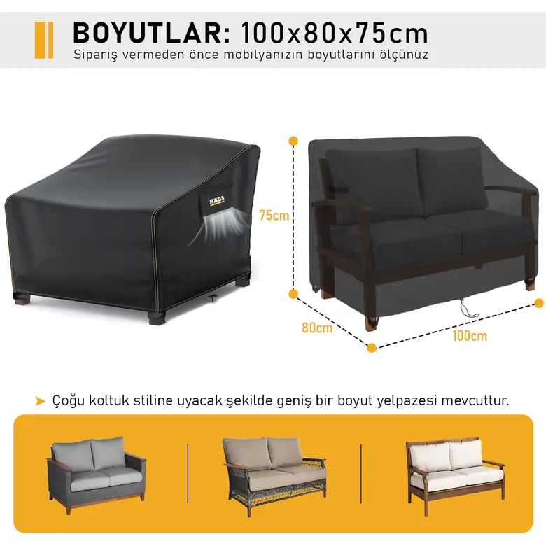 Haegs Tek Kişilik Bahçe Koltuk Örtüsü, Koruma Kılıfı, Su Geçirmez Açık Hava Bahçe Mobilya Kılıfları, Dış Mekan Sandalye Kılıfı Örtü Branda, Ağır Hizmet Tipi, 100-80-75cm - Siyah