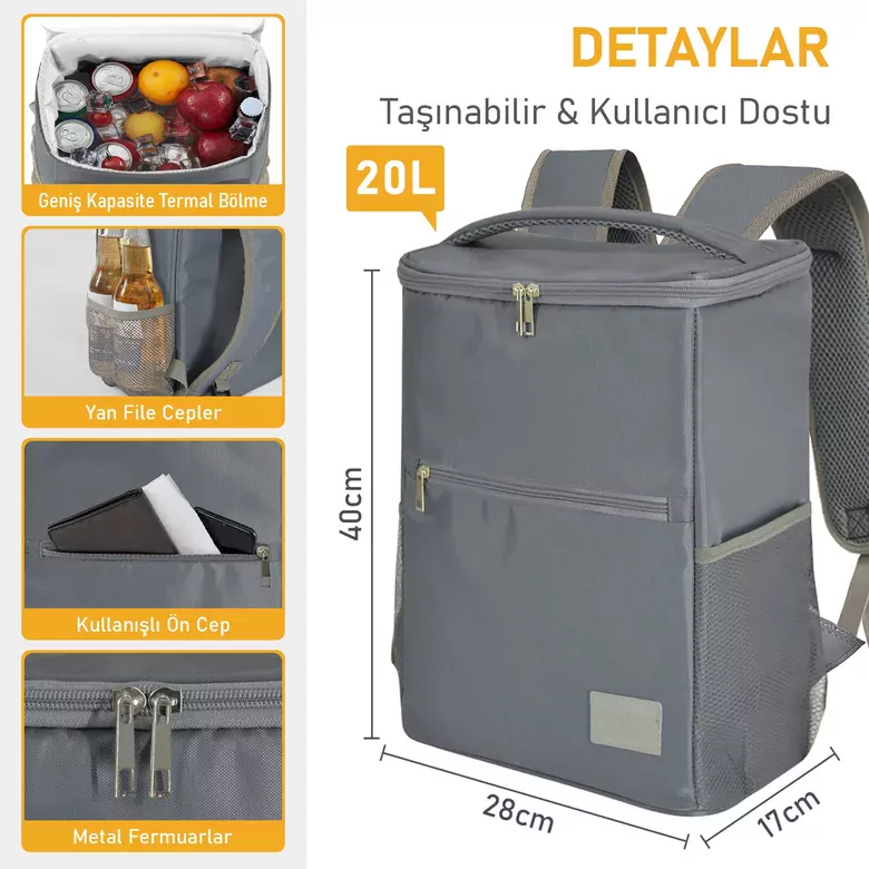 Haegs Termal Sırt Çantası Yalıtımlı Termos Soğutucu Çanta, Erkek Kadın Buzluk Çanta Soğutucu, Kamp Plaj Balıkçılık Öğle Yemeği Piknik Beslenme Yemek Taşıma Çantası Duman Gri