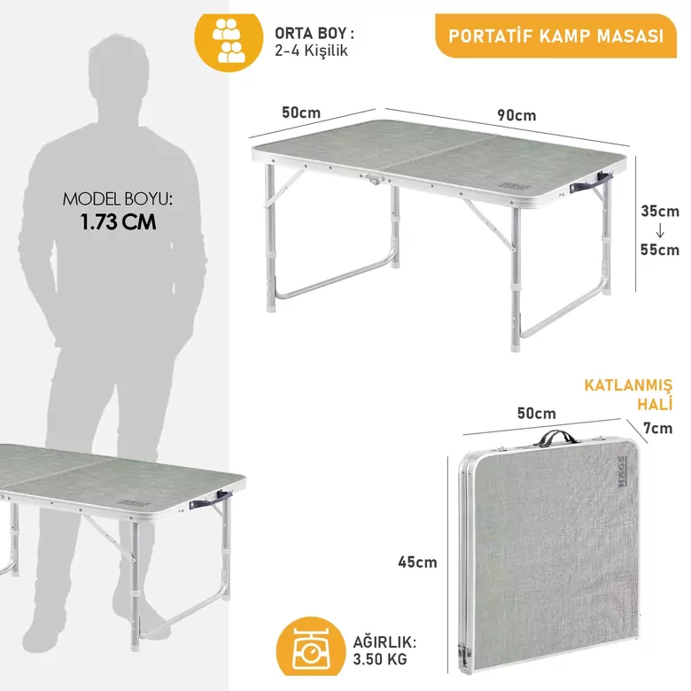 Haegs Portatif Kamp Masası, 2 Yükseklik Ayarlı, Katlanır Piknik Masası, Kolay Taşınabilir Alüminyum Masa - 90x50 - Antrasit