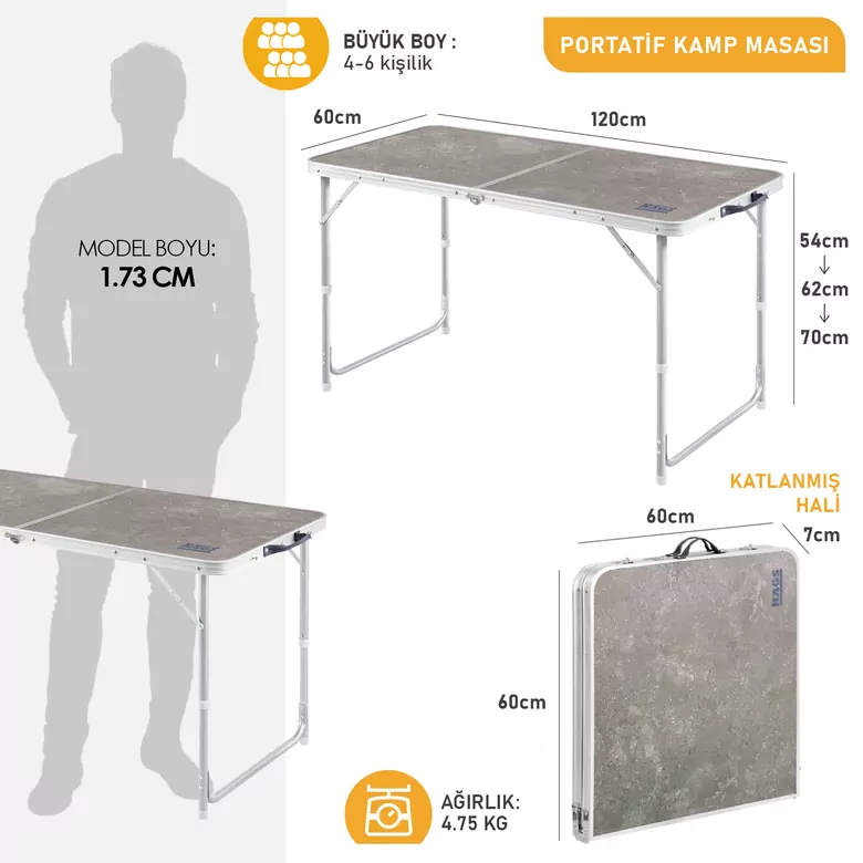 Haegs Portatif Kamp Masası, 3 Yükseklik Ayarlı, Katlanır Piknik Masası, Kolay Taşınabilir Alüminyum Masa - 120x60 - Mermer Desenli
