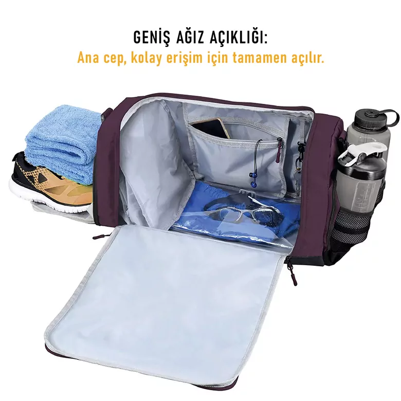 HAEGS Spor Çantası, 10 Cepli, Ayakkabı bölmeli, Su Geçirmez Islak Eşya Keseli, Organizer Tasarımlı Dayanıklı Bay Bayan Seyahat Çantası, Gym, Fitness Çantası, Medium - Mor