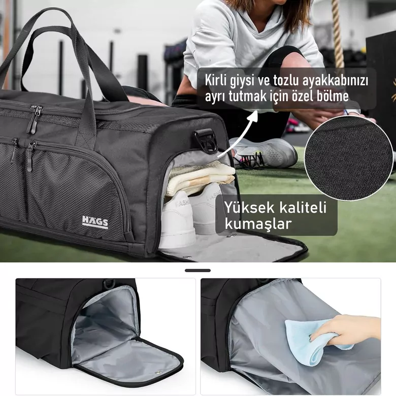 HAEGS Spor Çantası, 10 Cepli, Ayakkabı bölmeli, Su Geçirmez Islak Eşya Keseli, Organizer Tasarımlı Dayanıklı Bay Bayan Seyahat Çantası, Gym, Fitness Çantası, Medium - Siyah