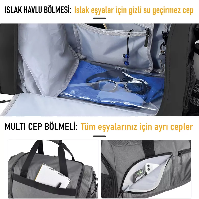 HAEGS Spor Çantası, 10 Cepli, Ayakkabı bölmeli, Su Geçirmez Islak Eşya Keseli, Organizer Tasarımlı Dayanıklı Bay Bayan Seyahat Çantası, Gym, Fitness Çantası, Medium - Siyah
