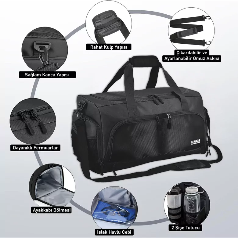 HAEGS Spor Çantası, 10 Cepli, Ayakkabı bölmeli, Su Geçirmez Islak Eşya Keseli, Organizer Tasarımlı Dayanıklı Bay Bayan Seyahat Çantası, Gym, Fitness Çantası, Medium - Siyah