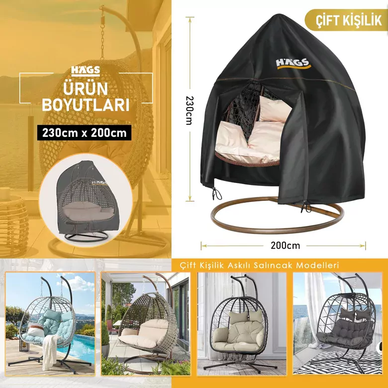 HAEGS Bahçe Salıncağı Örtüsü, Rattan Salıncak Koltuk Koruma Kılıfı Brandası, Hamak Sandalye Dış Mekan Su Geçirmez Mobilyası Koruyucu Örtü - Çift Kişilik, 230 x 200cm