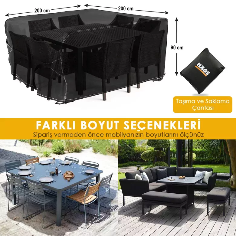 Haegs Bahçe Mobilyası Örtüsü, 200-200-90cm, Ağır Hizmet Oxford Kumaş, Su Geçirmez, Dış Mekan Veranda Masa Örtüsü, Havalandırmalı Masa ve Sandalye Koruma Kılıfı Gri