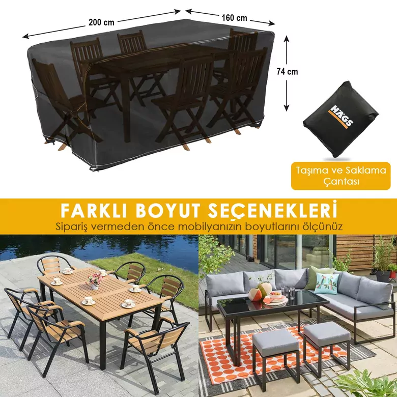 Haegs Bahçe Mobilyası Örtüsü, 200-160-74cm, Ağır Hizmet Oxford Kumaş, Su Geçirmez, Dış Mekan Veranda Masa Örtüsü, Havalandırmalı Masa ve Sandalye Koruma Kılıfı - Gri