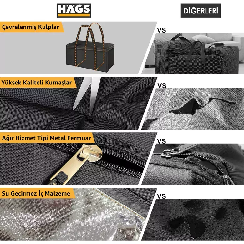 HAEGS Bahçe Mobilya Yastığı, Minderi Saklama Çantası Hurç, Yatak, Yorgan, Yastık Organizer, Düzenleyici, Depolama Hurcu, Çantası, Büyük Boy - 275 Lt Siyah