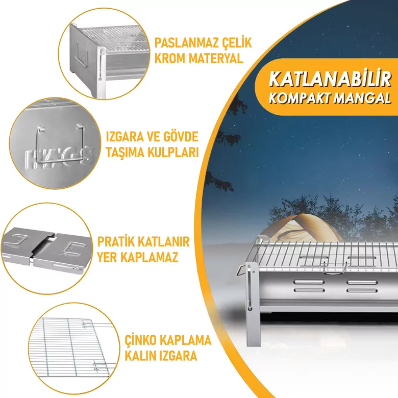 Haegs Katlanır Mangal, Paslanmaz Çelik Krom, Barbekü Kömür Mangalı, Izgaralı, Portatif taşınabilir Pratik Mangal