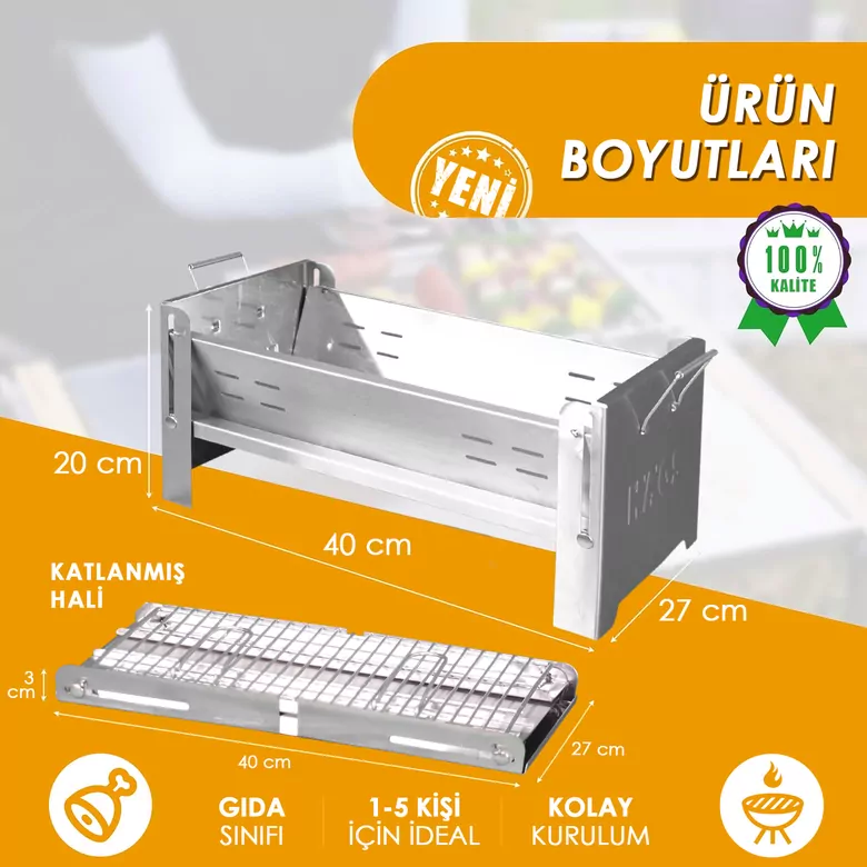 Haegs Katlanır Mangal, Paslanmaz Çelik Krom, Barbekü Kömür Mangalı, Izgaralı, Portatif taşınabilir Pratik Mangal