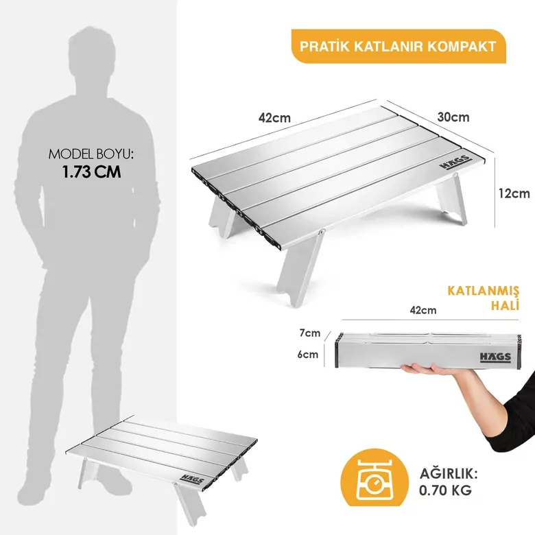 Haegs Portatif Küçük Masa Alüminyum Ultra hafif Katlanır Mini Masa - Plaj, Piknik, Kamp, Balıkçı, Outdoor Küçük Sehpa Masa - Gümüş