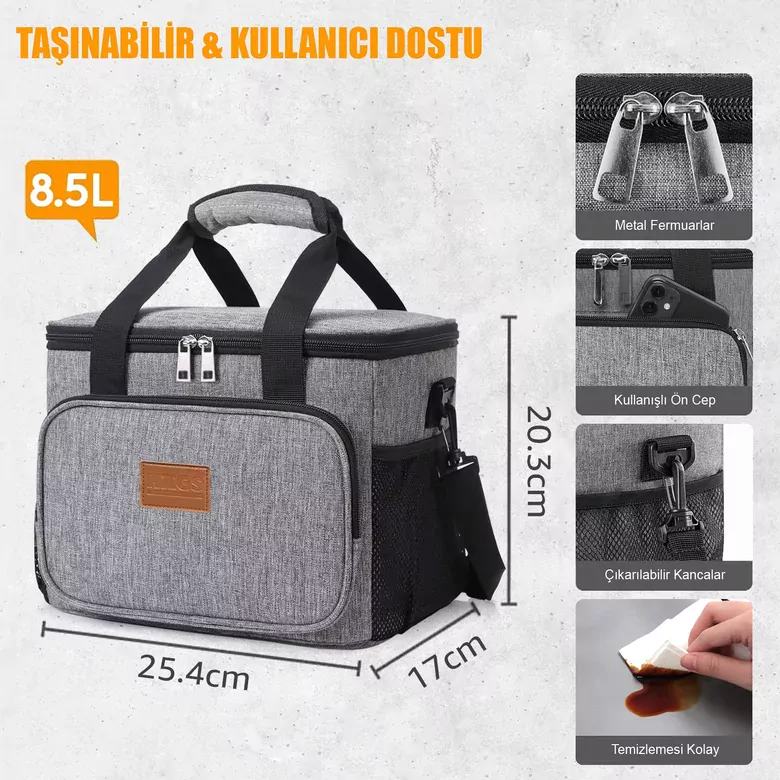 HAEGS Termal Çanta, Soğuk Sıcak Tutucu Yalıtımlı Beslenme Çantası, Soğutucu Buzluk Yemek Çantası 8,5L - Gri
