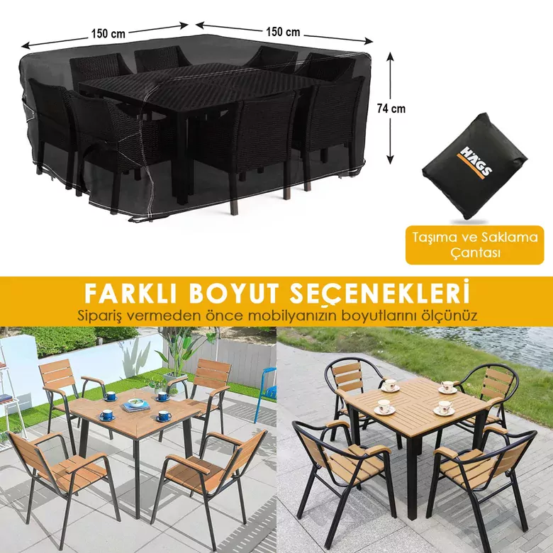 Haegs Bahçe Mobilyası Örtüsü, 150-150-74cm, Ağır Hizmet Oxford Kumaş, Su Geçirmez, Dış Mekan Veranda Masa Örtüsü, Havalandırmalı Masa ve Sandalye Koruma Kılıfı