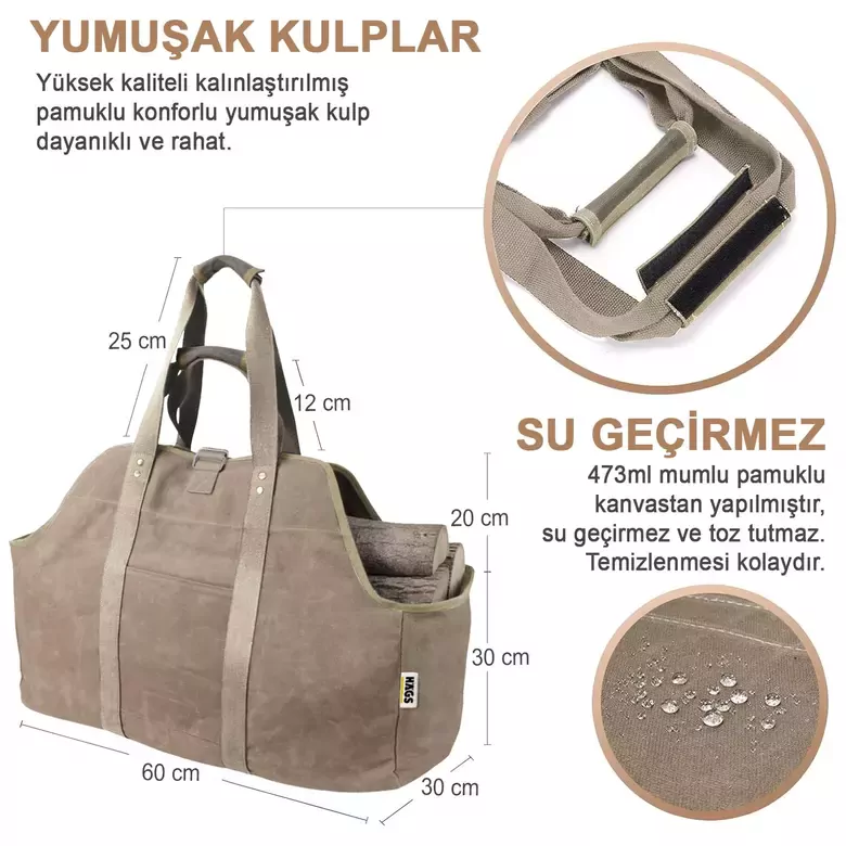 Haegs Ağır Hizmet Çantası, Waxed Kanvas, Şömine Odun Çantası, Yakacak Kütük Taşıma Depolama Çantası, Şömine Odunluk Aksesuarları - Büyük Boy - Haki