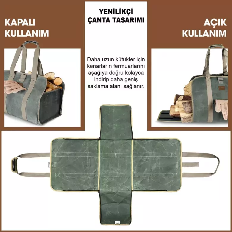 Haegs Fermuarlı Ağır Hizmet Çantası, 2in1, Waxed Kanvas, Şömine Odun Çantası, Yakacak Kütük Taşıma Depolama Çantası, Şömine Odun Sobası Aksesuarları - Timsah Yeşili