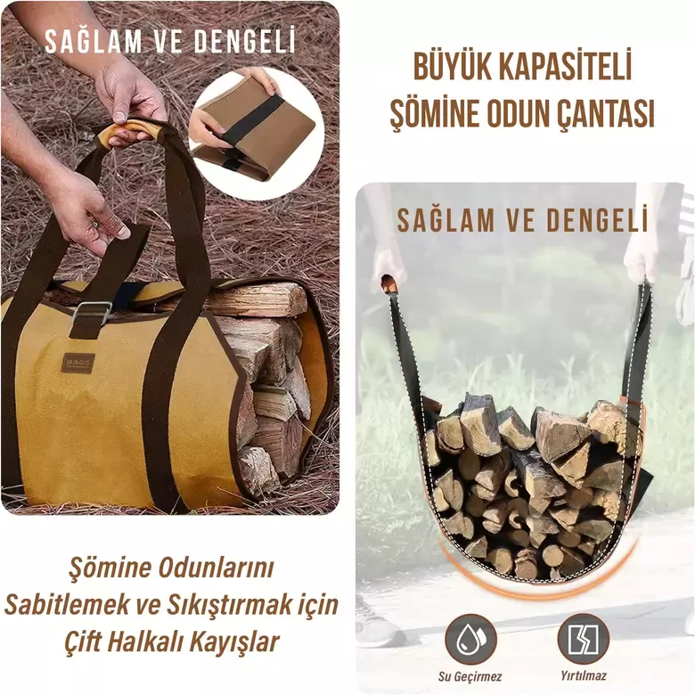 Haegs Ağır Hizmet Çantası, Waxed Kanvas, Şömine Odun Çantası, Yakacak Kütük Taşıma Depolama Çantası, Şömine Odun Sobası Aksesuarları -Amber Sarısı