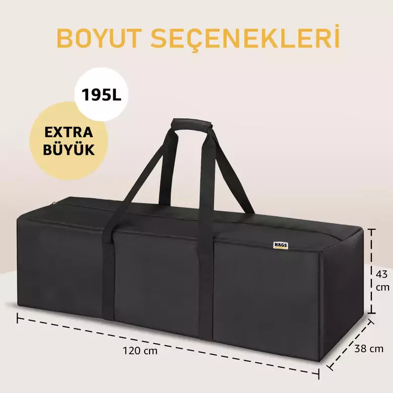 Haegs Taşıma Çantası, Fermuarlı Dayanıklı Seyahat Spor, Kamp Malzemeleri Saklama Çantası, Hurç, Valiz, 195L Extra Büyük Boy - Siyah