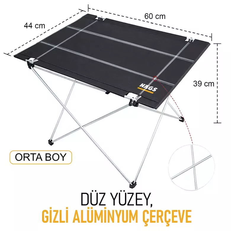 HAEGS Ultralight Katlanır Kamp Masası, Piknik, BBQ, Balıkçılık, Avcılık, Plaj, Hiking için Taşınabilir Kompakt Roll Up Outdoor Kamp Masası Medium - Siyah