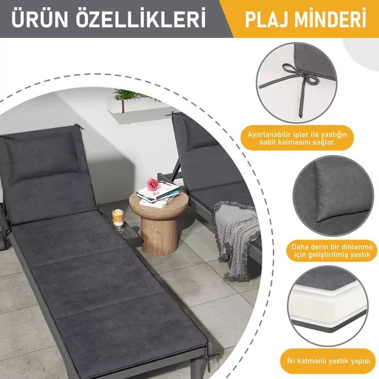 Haegs Plaj Minderi, Plaj Çantası Tasarımlı, Katlanır Plaj Matı, Yastıklı, Plaj Şezlong Minderleri,  22 Dens 180x53x2cm - Gri