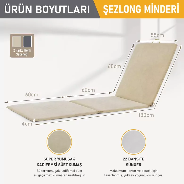 Haegs Şezlong Minderi, Havuz Plaj Outdoor Kamp için Katlanır Sünger Minder, Dış Mekan Süet Kumaş Kılıf, Dış Mekan Mobilyaları İçin Veranda Yedek Minderi - 22 Dens - 180x55x4 cm - Bej