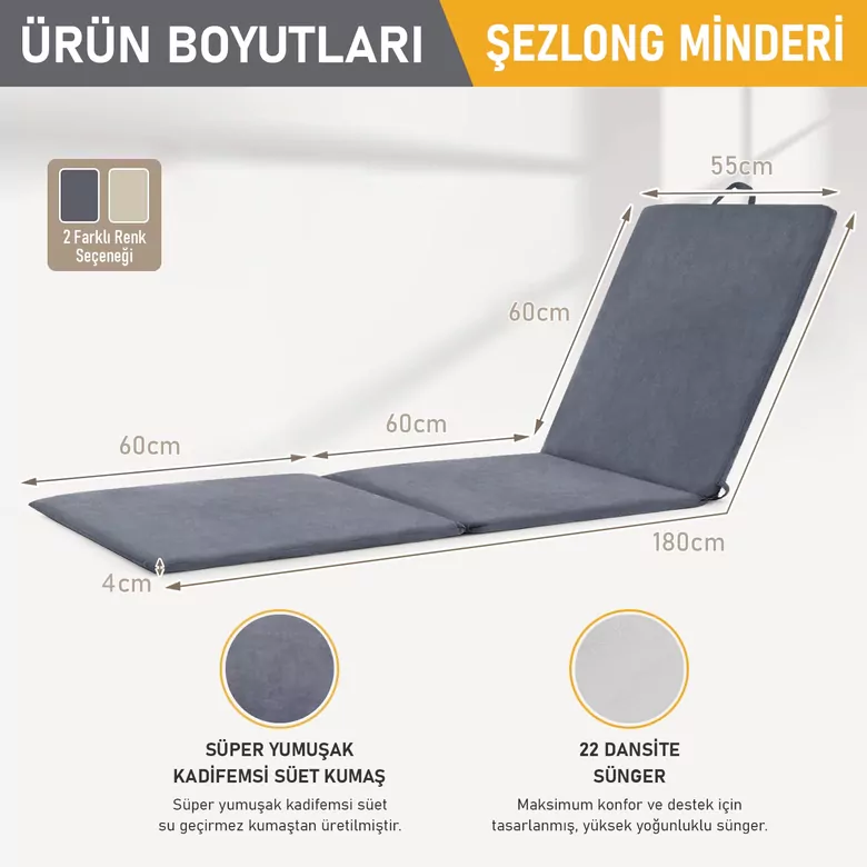 Haegs Şezlong Minderi, Havuz Plaj Outdoor Kamp için Katlanır Sünger Minder, Dış Mekan Süet Kumaş Kılıf, Dış Mekan Mobilyaları İçin Veranda Yedek Minderi ? 22 Dens - 180x55x4 cm - Gri