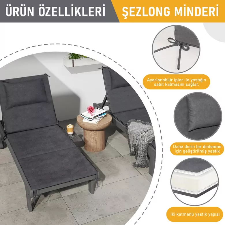 Haegs Şezlong Minderi, Havuz Plaj Outdoor Kamp için Katlanır Sünger Minder, Dış Mekan Süet Kumaş Kılıf, Dış Mekan Mobilyaları İçin Veranda Yedek Minderi ? 22 Dens - 180x55x4 cm - Gri