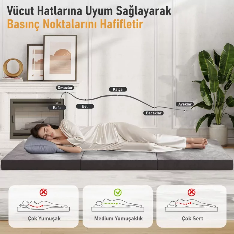 Haegs Katlanır Yatak, Kamp Yatağı, Kamp Matı, Taşınabilir Yer Yatağı, Yıkanabilir Kılıf, Misafir için, Seyahat, Kamp, Araç, Karavan, Çadır ve Yoga için İdeal; 22 Dens - 190x65x10 cm - Gri