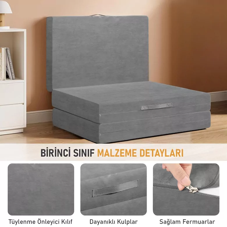 Haegs Katlanır Yatak, Kamp Yatağı, Kamp Matı, Taşınabilir Yer Yatağı, Yıkanabilir Kılıf, Misafir için, Seyahat, Kamp, Araç, Karavan, Çadır ve Yoga için İdeal; 22 Dens - 190x65x10 cm - Gri
