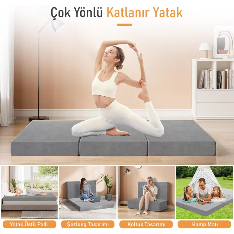 Haegs Katlanır Yatak, Kamp Yatağı, Kamp Matı, Taşınabilir Yer Yatağı, Yıkanabilir Kılıf, Misafir için, Seyahat, Kamp, Araç, Karavan, Çadır ve Yoga için İdeal; 22 Dens - 190x65x10 cm - Gri