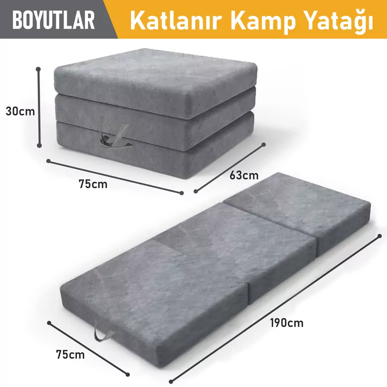 Haegs Katlanır Yatak, Kamp Yatağı, Kamp Matı, Taşınabilir Yer Yatağı, Yıkanabilir Kılıf, Misafir için, Seyahat, Kamp, Araç, Karavan, Çadır ve Yoga için İdeal; 22 Dens - 190x75x10 cm - Gri