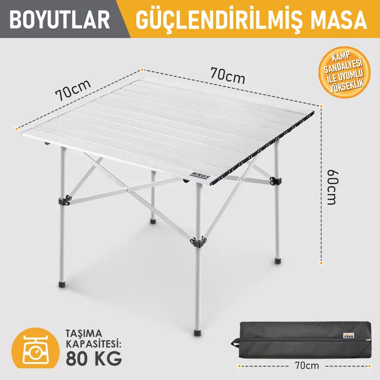 Haegs Güçlendirilmiş Alüminyum Katlanır Kamp Masası, Katlanabilir Outdoor Masa, Piknik Masası, Menteşeli Sistem, Dayanıklı Sağlam Gövdeli Kamp Masası, Taşınabilir Hafif, 3-4 Kişilik, 70x70x60cm Gümüş