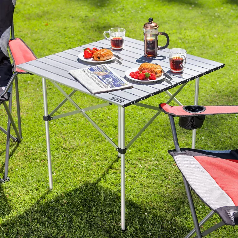 Haegs Güçlendirilmiş Alüminyum Katlanır Kamp Masası, Katlanabilir Outdoor Masa, Piknik Masası, Menteşeli Sistem, Dayanıklı Sağlam Gövdeli Kamp Masası, Taşınabilir Hafif, 3-4 Kişilik, 70x70x60cm Gümüş