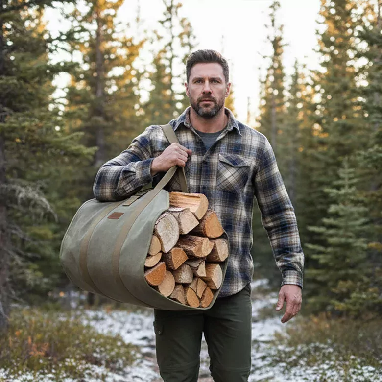 Haegs Şömine Odun Çantası, Yakacak Kütük Taşıma Depolama Çantası, Şömine Odun Sobası Aksesuarları -Yeşil