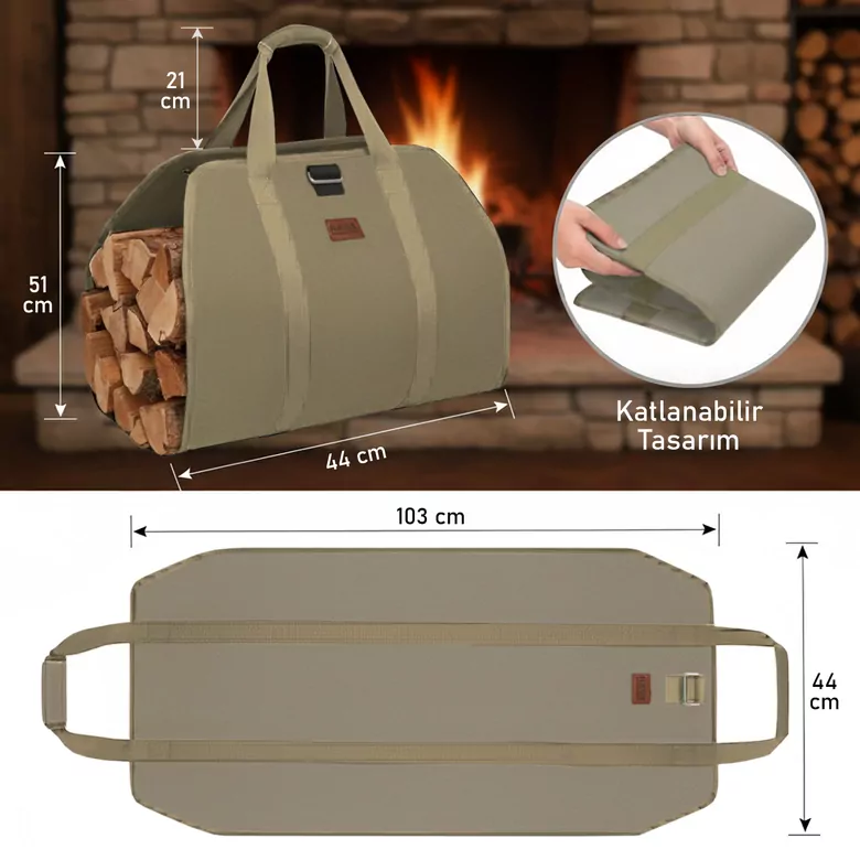 Haegs Şömine Odun Çantası, Yakacak Kütük Taşıma Depolama Çantası, Şömine Odun Sobası Aksesuarları -Yeşil