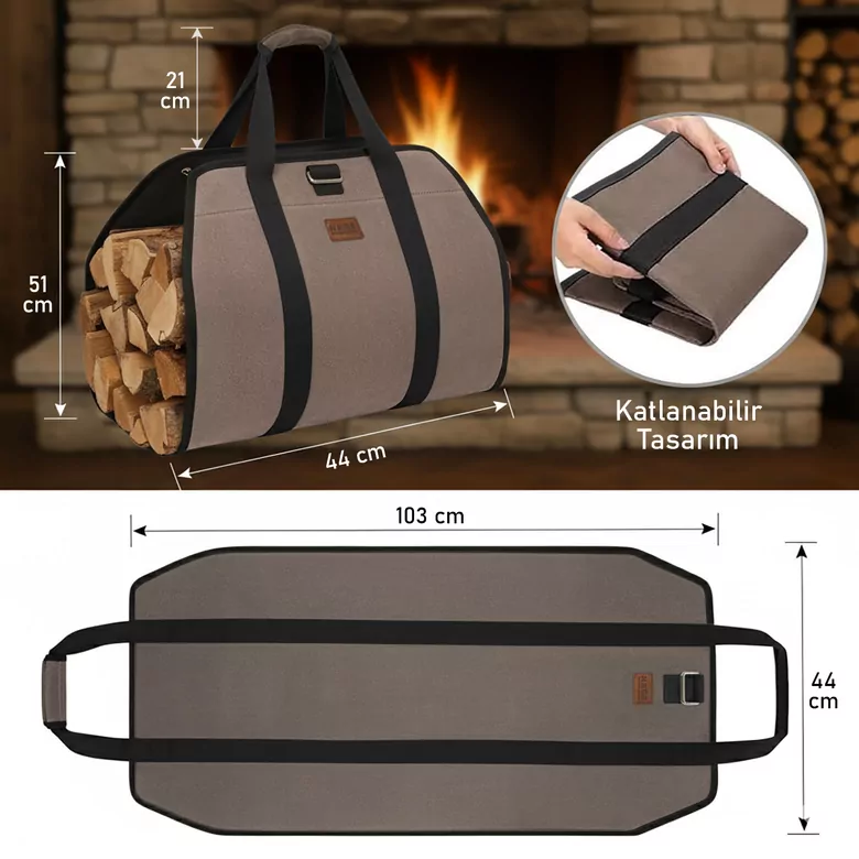 Haegs Şömine Odun Çantası, Yakacak Kütük Taşıma Depolama Çantası, Şömine Odun Sobası Aksesuarları -Kahverengi