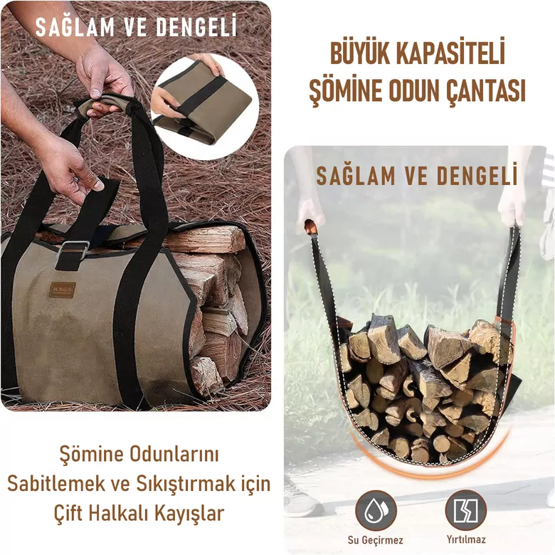 Haegs Şömine Odun Çantası, Yakacak Kütük Taşıma Depolama Çantası, Şömine Odun Sobası Aksesuarları -Kahverengi