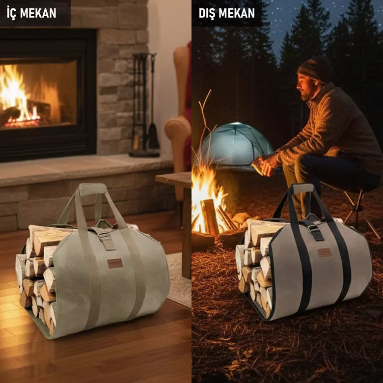 Haegs Şömine Odun Çantası, Yakacak Kütük Taşıma Depolama Çantası, Şömine Odun Sobası Aksesuarları -Kahverengi