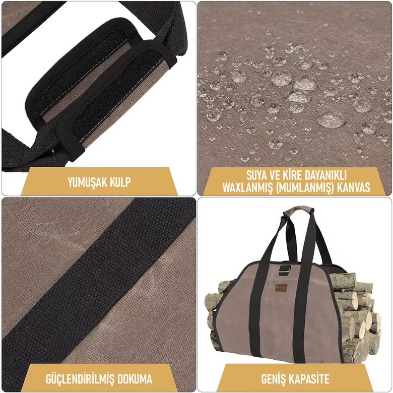 Haegs Şömine Odun Çantası, Yakacak Kütük Taşıma Depolama Çantası, Şömine Odun Sobası Aksesuarları -Kahverengi